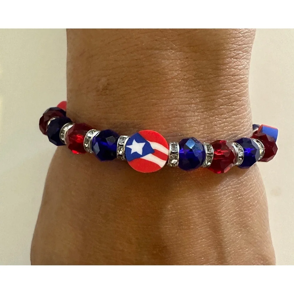 Puerto Rico Flag Beaded Elastic Stretch Bracelet Red Blue Bangle Jewelry